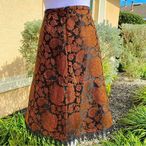 NEW ANNI KUAN A-LINE BRONZE & BLACK SEMI METALLIC ACCENT LACED HEM MIDI SKIRT 4 - Picture 13 of 14